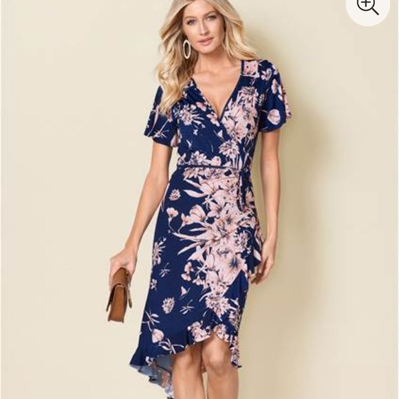 Venus Navy and Pink Floral Print Faux Wrap High-Low Dress, Size S NWOT - Picture 1 of 7